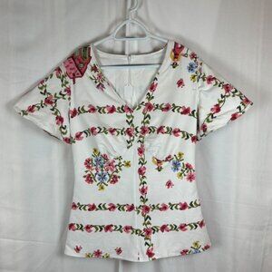 Handmade Vintage Spring Floral Embroidery Print Tablecloth Short Slv Shirt